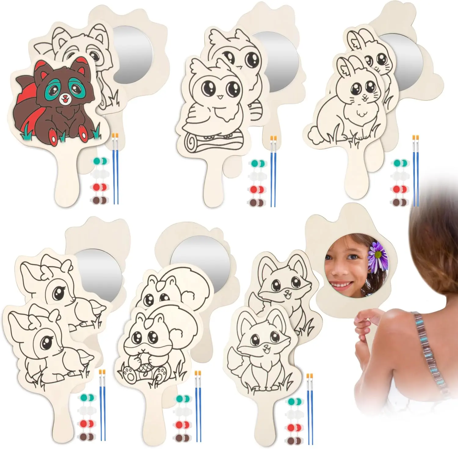 Paint Your Own Mirror Kids Party Craft Kits(12 Forest Friends Wood Mirrors w Paints)-Each Kit Has Brush, Paint, & Project-Fun, Unique Birthday Favors, Classroom School Activity Gift