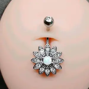 Silver Sunflower Belly Piercing with Crystal Accents and Opal Center for Stylish Body Jewelry