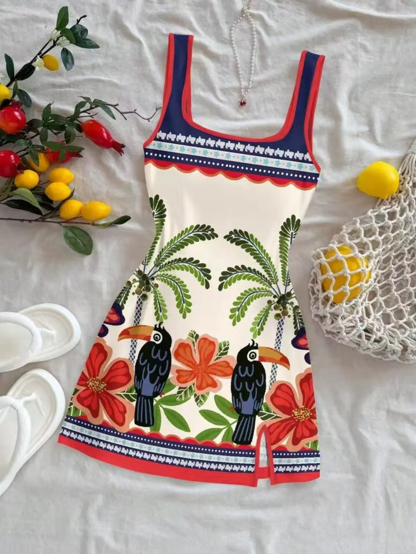 Summer Mini Dress for Women, Sleeveless Tropical Bird Palm Print, Geometric Floral Border, Contrast U-Neck Backless, Elegant Casual Vacation Style