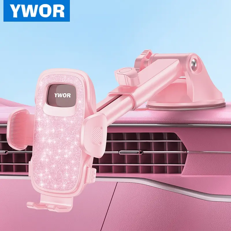 YWOR Pink Cell Phone Car Holder, Car Phone Stand with 360° Rotation, Rotating Car Mount, Quick-Release & Adjustable Dashboard Mount for iPhone 16 & Galaxy, Heat-Resistant ABS, Secure Grip, Secure Smartphone Mount, for Trucks & Cars