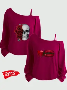 Women's Plus Size 2-Piece Set, Printed Long Sleeve & Short Tank Top, Asymmetrical Neckline, Loose Fit, All Seasons, Sizes 1-8xl