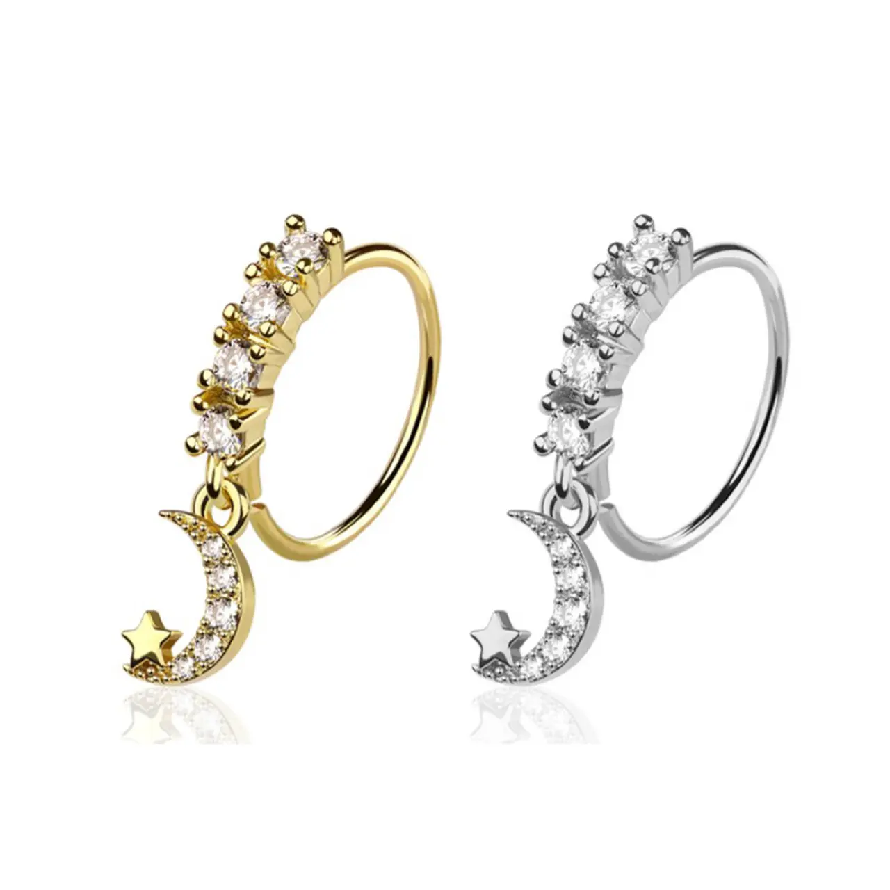 Nose Hoop Bendable Surgical steel Prong CZ with Dangle Jewel Crescent Moon Star Design 20 Gauge