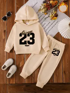 Autumn Winter Kids Fleece Hoodie Set Outfit, Chicago 23 Print Sweatshirt & Matching Casual Joggers, Warm Sporty Style for Boys Girls