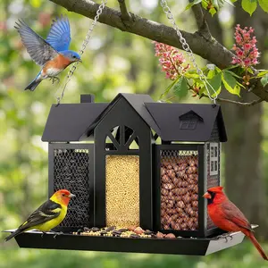 PAWGIANT Hanging Metal Bird House feeder, Bird Feeder House for Outside, With Triple Feeders for Finch Cardinal Chickadee Large Capacity, Weatherproof and Durable, Garden Decor for Outside, Unique Gifts for Bird Lovers Mom Grandma, Black, Summervibes