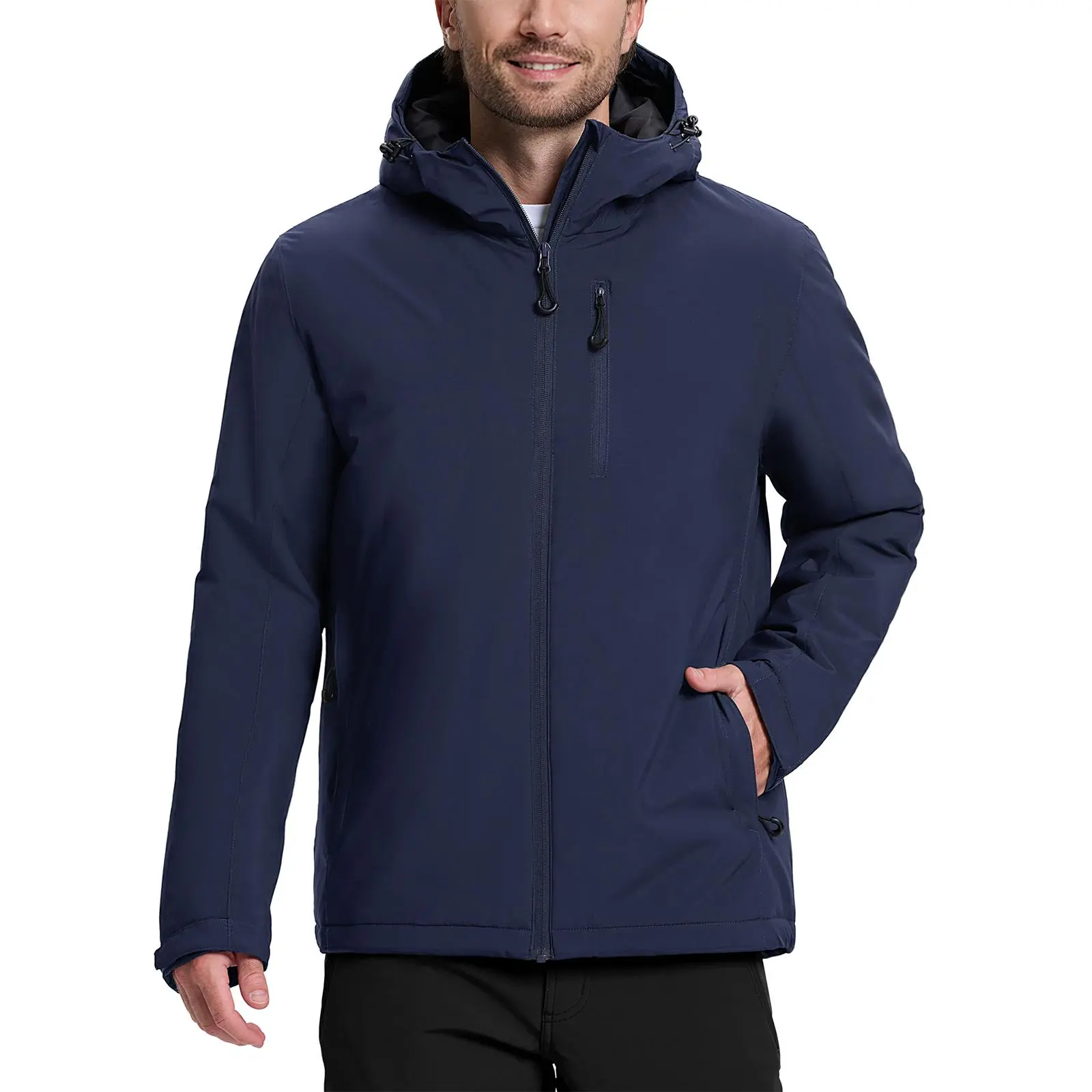 33000ft Menswear Hooded Puffer Jacket - Mens Soft Stretch Fabric Shell, Lightweight, Water-Resistant, Windproof, Insulated Warm Winter Coat, Pockets, Reflective