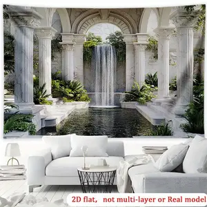 1PC,2D Flat Dreamy Classical Courtyard Waterfall Door Curtain, Festival Decoration Door Banner, European - style Roman Column Garden Scene Tapestry, Home Atmosphere - creating Hanging Ornament, Par