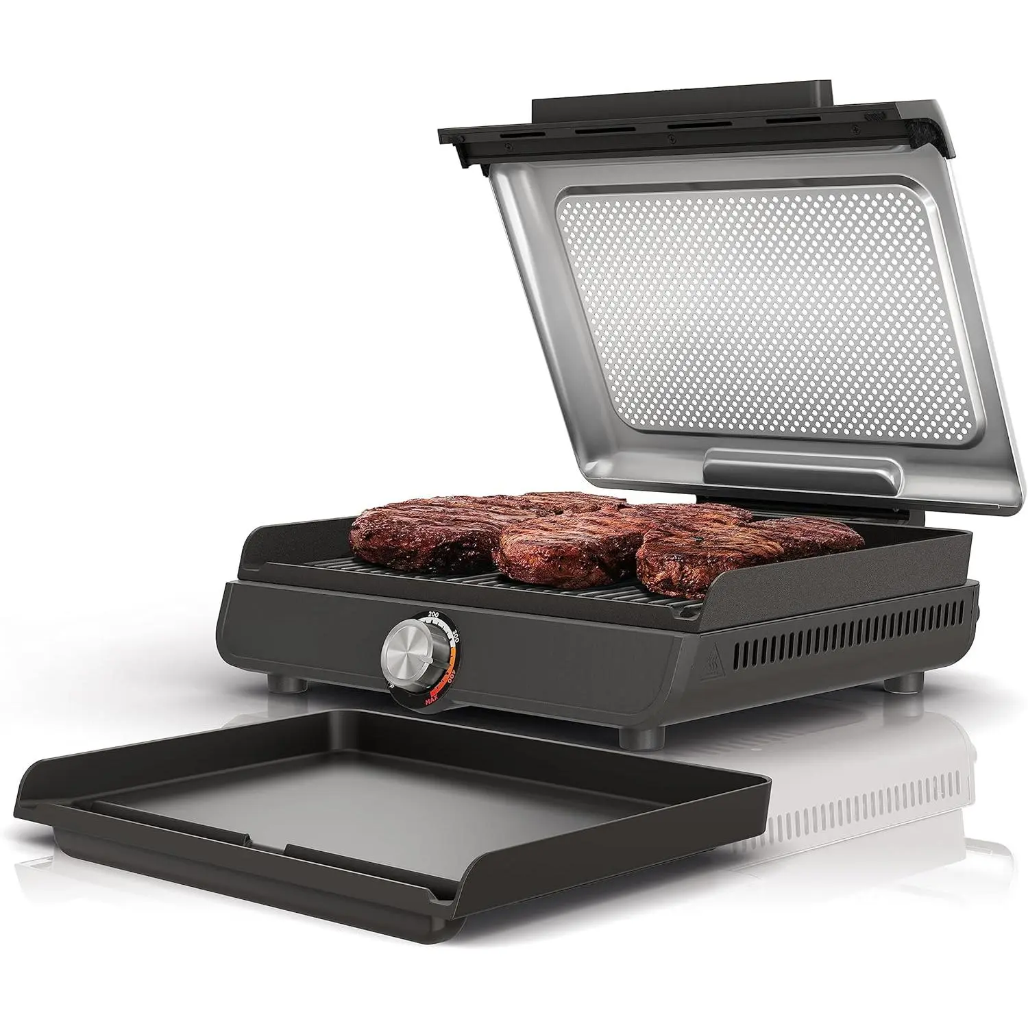 Griddle and Indoor Grill, 14’’, Electric Grill, For Steak, Burgers, Salmon, Veggies, and More, Pancake Griddle, Nonstick, Dishwasher Safe, 500F, Even Cooking, Silver, GR101