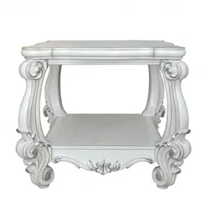 HomeRoots 485838 26 in. Antiqued White Manufactured Wood Square Scroll Antique End Table with Shelf, Antique End Tables