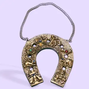 Brass Good Luck Hanging Horseshoe Ornament, 4in x 3.5in Religious Home Decor Amulet for Room Accents