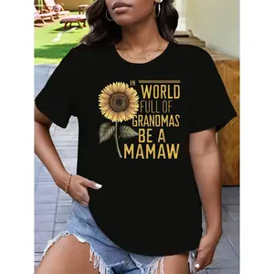 MAMAW Plus Size Sunflower T-Shirt for Women - "In World Full of Grandmas Be a Mamaw" Graphic, Casual Short Sleeve, Round Neck, 100% Polyester, Machine Washable, Black with Yellow & White Lettering
