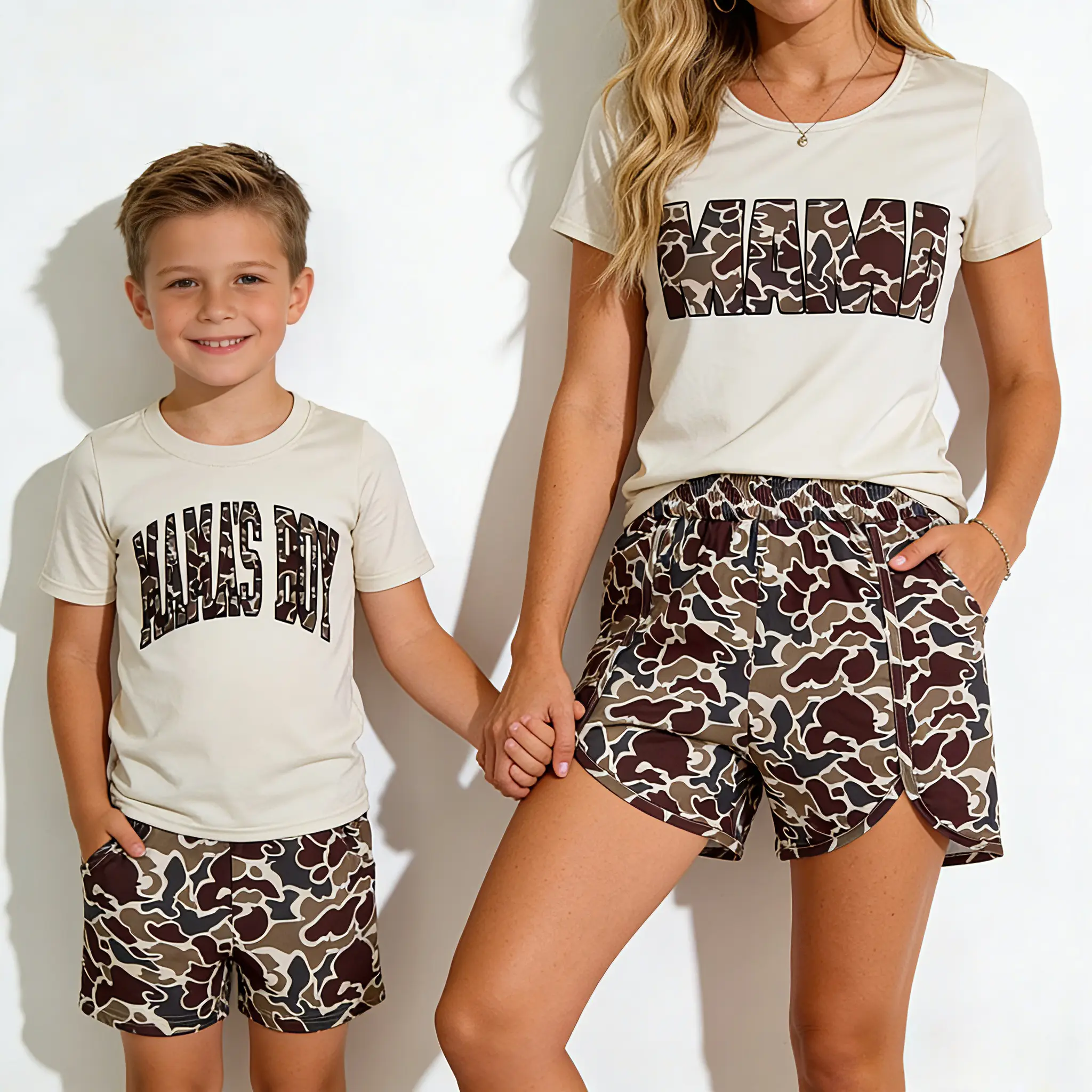 Women's & Boy's 2-Piece Camouflage Family Matching Clothes Set - Mama & Son Casual Shortsleeve Shirts & Shorts