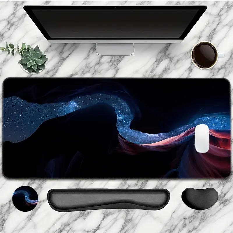 Nebula Pattern Mouse Pad With Wrist Rest Set 4PC Black Large Gaming Mouse Pads Cosmic Style Mouse Pad For Desk XXL Non-Slip Rubber Base Desk Pad Keyboard Mat For Office Home Desktop Protector Decor Mousepad Desk Mat Mousepads