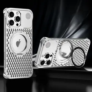 metallic Hollow Out Design Phone Case with Magnetic Ring, Breathable Anti-drop Phone Protective Cover, Phone Accessories Compatible with iPhone 16 15 14 Pro Max, Casing