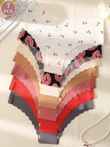 Women's Seamless Triangle Briefs Set, Cherry Lip Print Low Waist Comfort Underwear, Slim-Fitting Sexy Lingerie, 7 Pieces, Fitted Panties