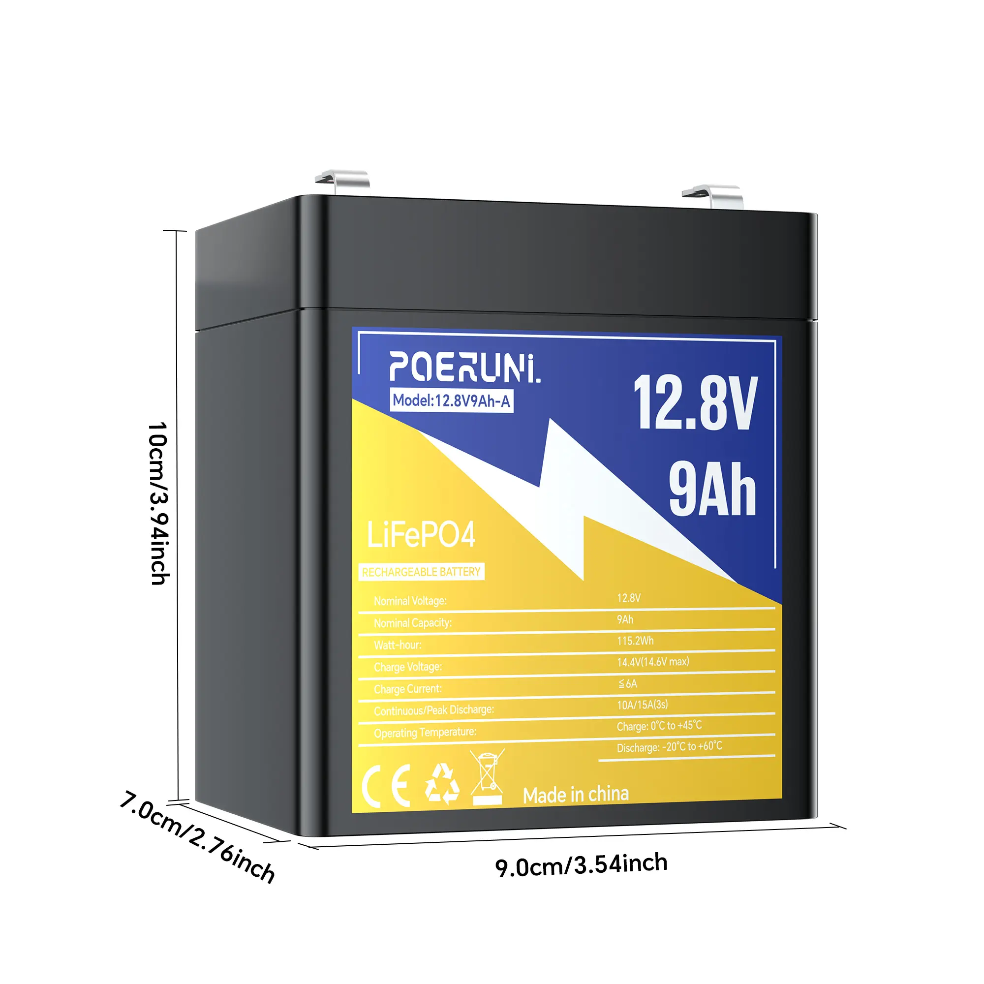 12.8V 9Ah Lightweight LiFePO4 Lithium Deep Cycle Battery with Built-in BMS, 12.8v Model 9ah Capacity DC Power for Camping, Solar Light, Portable Backup Power Banks for Phones & Electronics