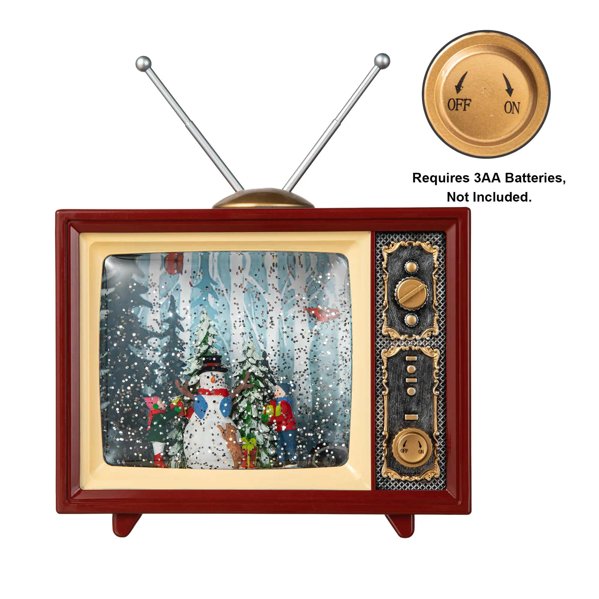Glitzhome 7.5in TV-Shaped Retro Lighted Snowman Waterglobe with Timer, Swirling Glitter, Christmas Decor for Lighting Up Your Space, Home Festive Supplies