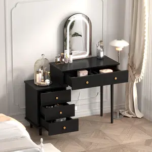 Smart Modern Vanity Desk with Mirror and Lights, Wooden Dressing Table with 2 Easy-Access Drawers and Customizable 3-Drawer Cabinet, Space-Saving Storage Solution for Bedroom
