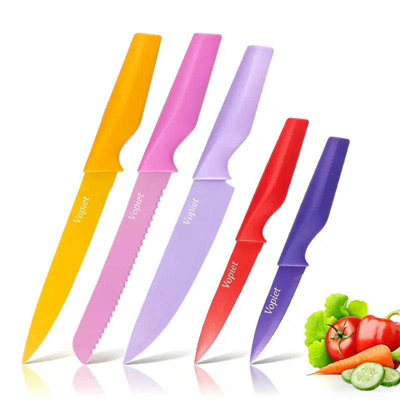 Vibrant Handle 5-Piece Kitchenware Knives Set - Stainless Steel, Black Diamond Coated, Includes Slicer for Home Kitchen Use, Five Pieces