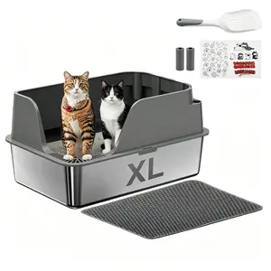 Ellenpent Foldable Enclosed Stainless Steel Cat Litter Box Extra Large Semi-Closed Cat Waste Bin Anti-Leak Litter Tray,Odor Free Non-Sticky Easy-Clean Design Detachable Structure,Dream Litter Box for Multi-Cat Families Big Sized Cats  High Sided Litterbox