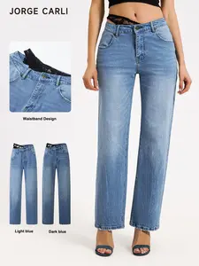 Jorge Carli Asymmetrical Waist Jeans, Lace Underneath Design, Fashion Washed Straight Leg, Casual Commute Business Style