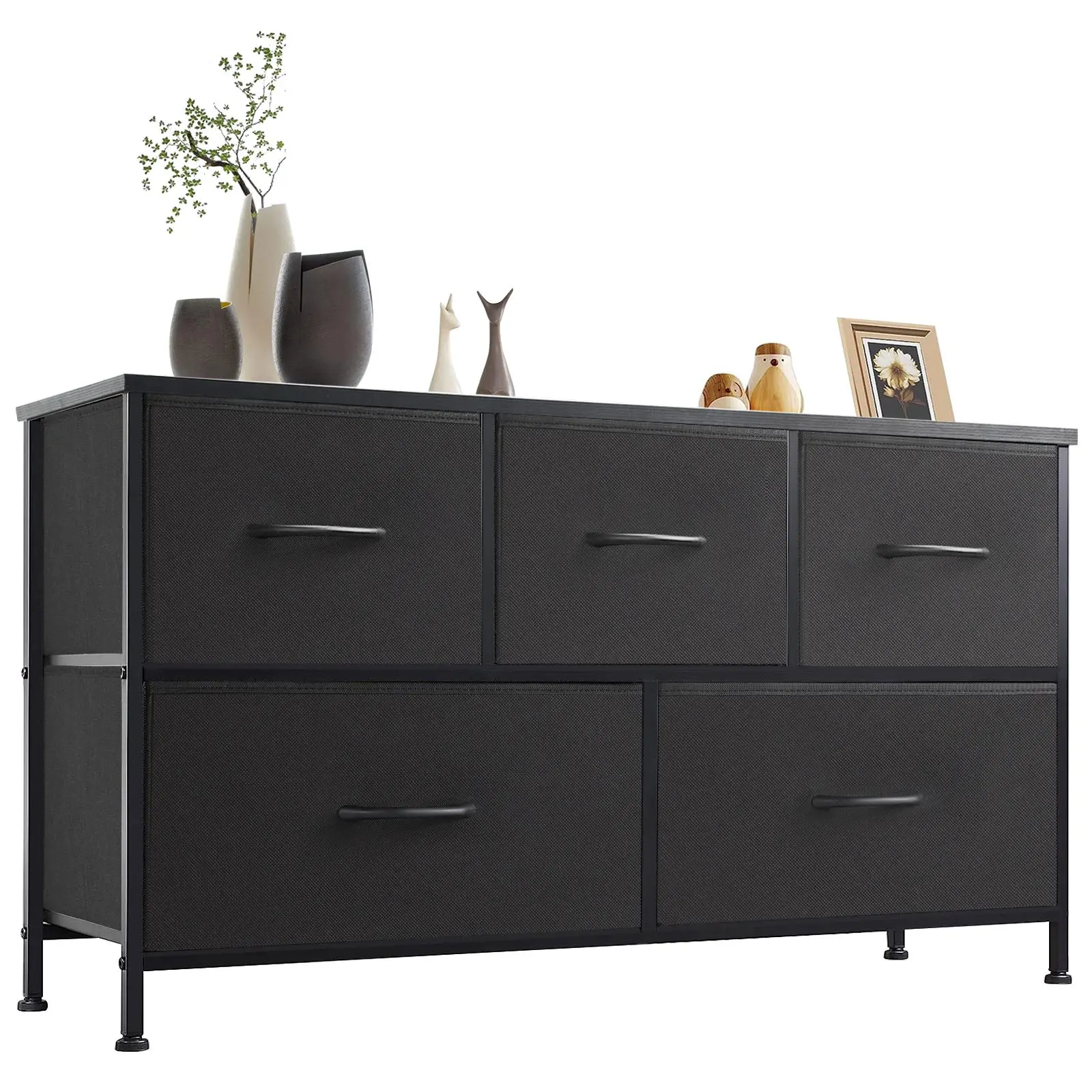 【Summer Sale】Organizer Storage 5, Chest of Drawers with Fabric Bins, Long Dresser with Wood Top for Bedroom, Closet, Entryway