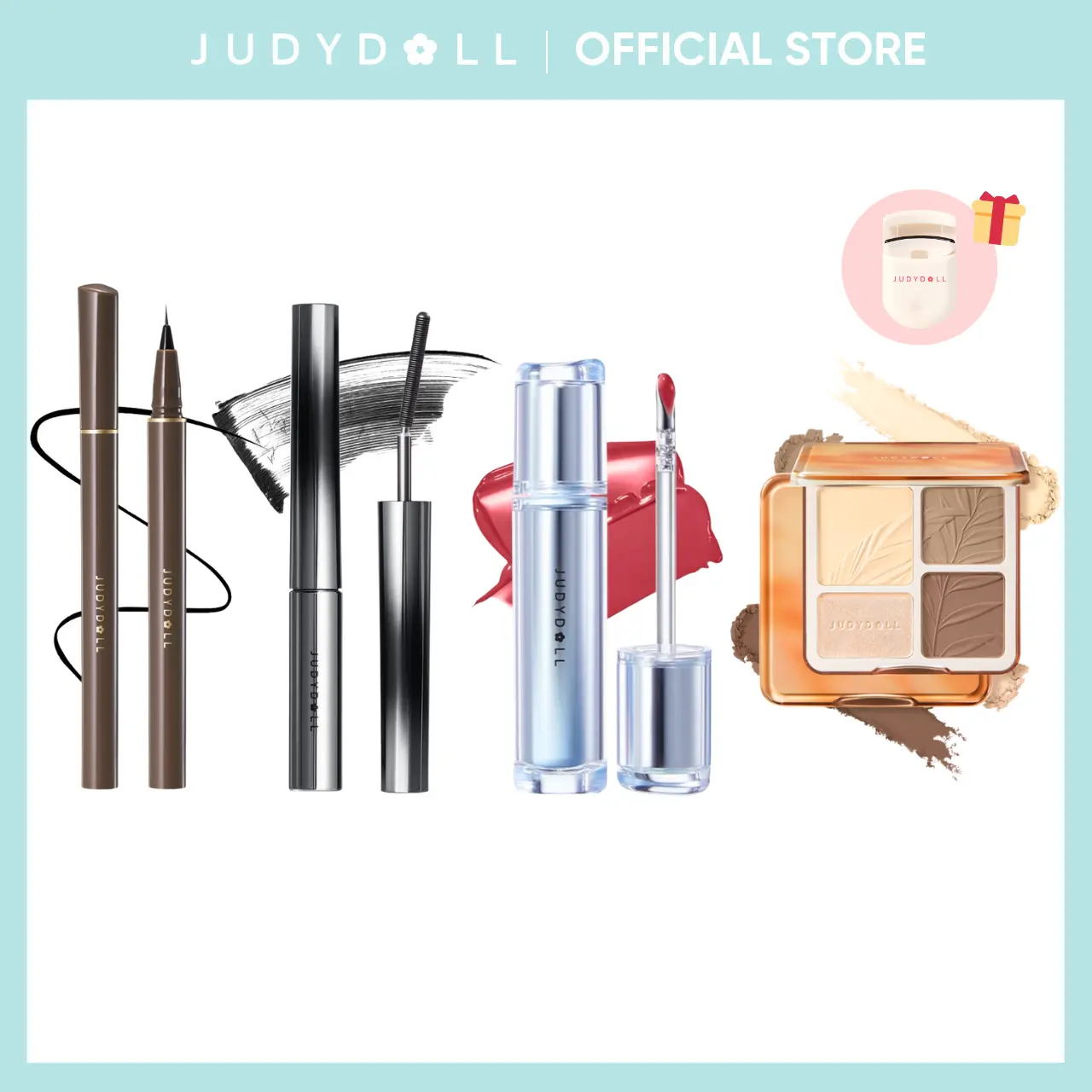 JUDYDOLL All-in-One Makeup Set, Ultra-Fine Liquid Eyeliner, 3D Curling Eyelash Iron Mascara, 2 In 1 Highlighter Contour Palette, Ice Watery Lip Gloss, Makeup, Cosmetics, Summerwins