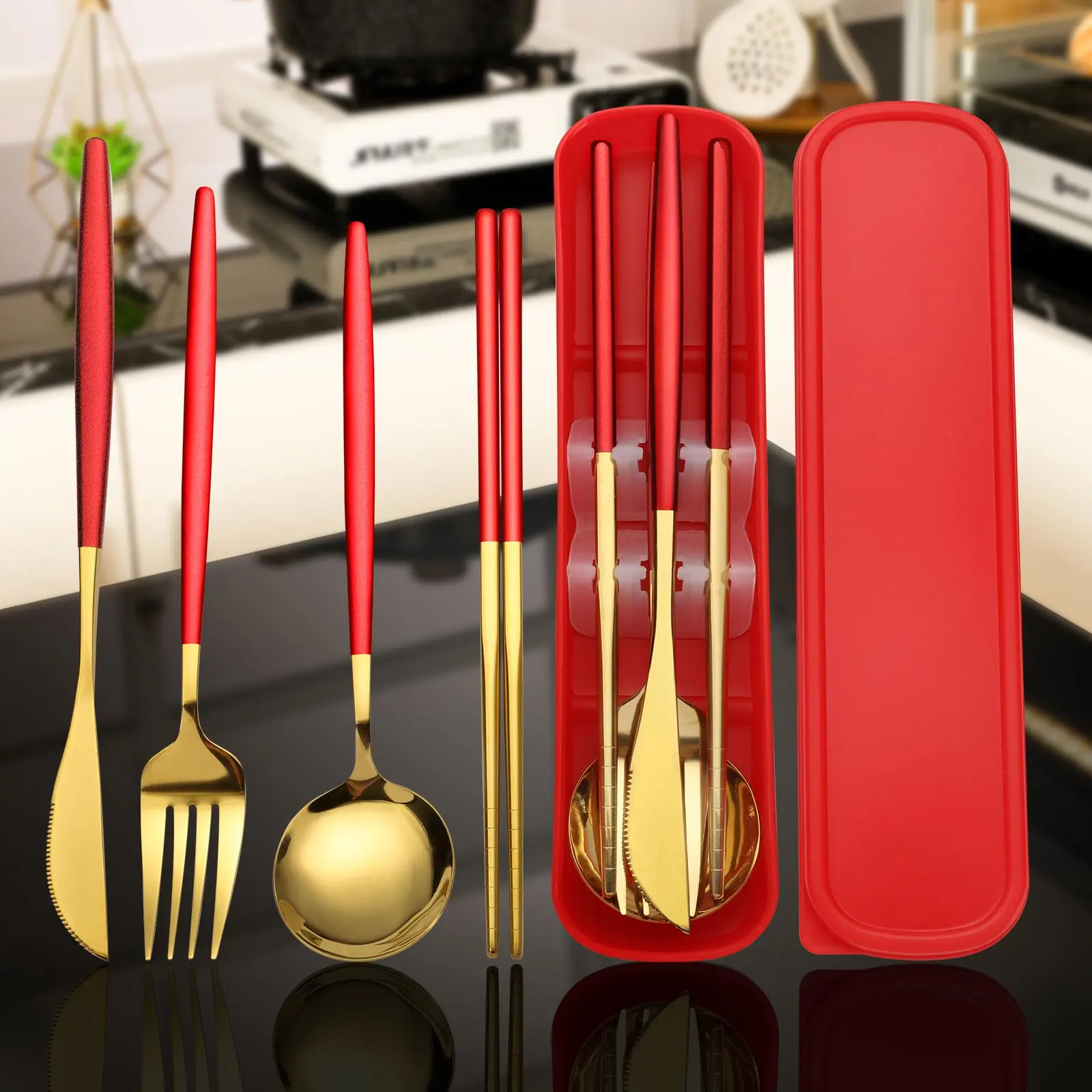 Stainless Steel Tableware Set, 3/4 Counts Stainless Steel Spoon & Chopstick & Fork (and Optional Knife), Portable Cutlery Set with Storage Box