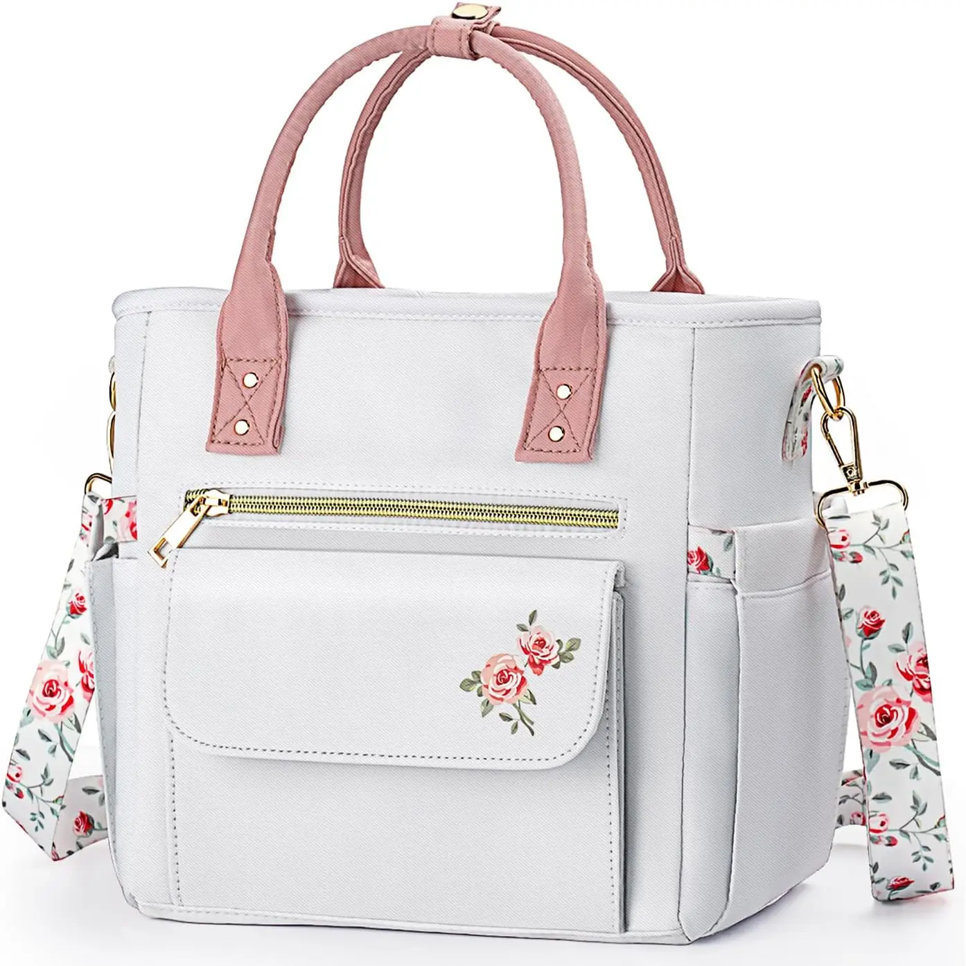 Floral Print Synthetic Deluxe Insulated Women's Lunch Box Bag - Leakproof Cooler, Multi Pockets, Removable Strap - Ideal for Work, Picnic - Teacher Mothers Day Christmas Birthday Gifts