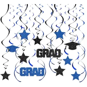 Blue and Black Graduation Hanging Swirls, Streamers for 2026 Congrats Party, Ceiling Decorations (Pack of 28)
