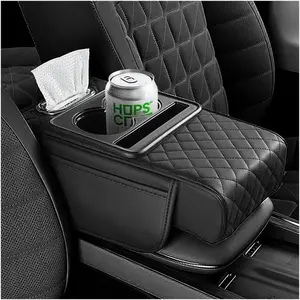 Car Center Console Armrest PadNappa Leather with 2 Cup Holders Storage BagTissue Box Black Red Lines