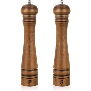 Pack of 2 Wood Pepper Grinder Set, 10 Inch Salt Mill And Pepper Grinder Set, Pepper Mill, Salt Shakers with Adjustable Ceramic Rotor - Oak Wood Pepper Grinder And Salt Mill for Your Kitchen