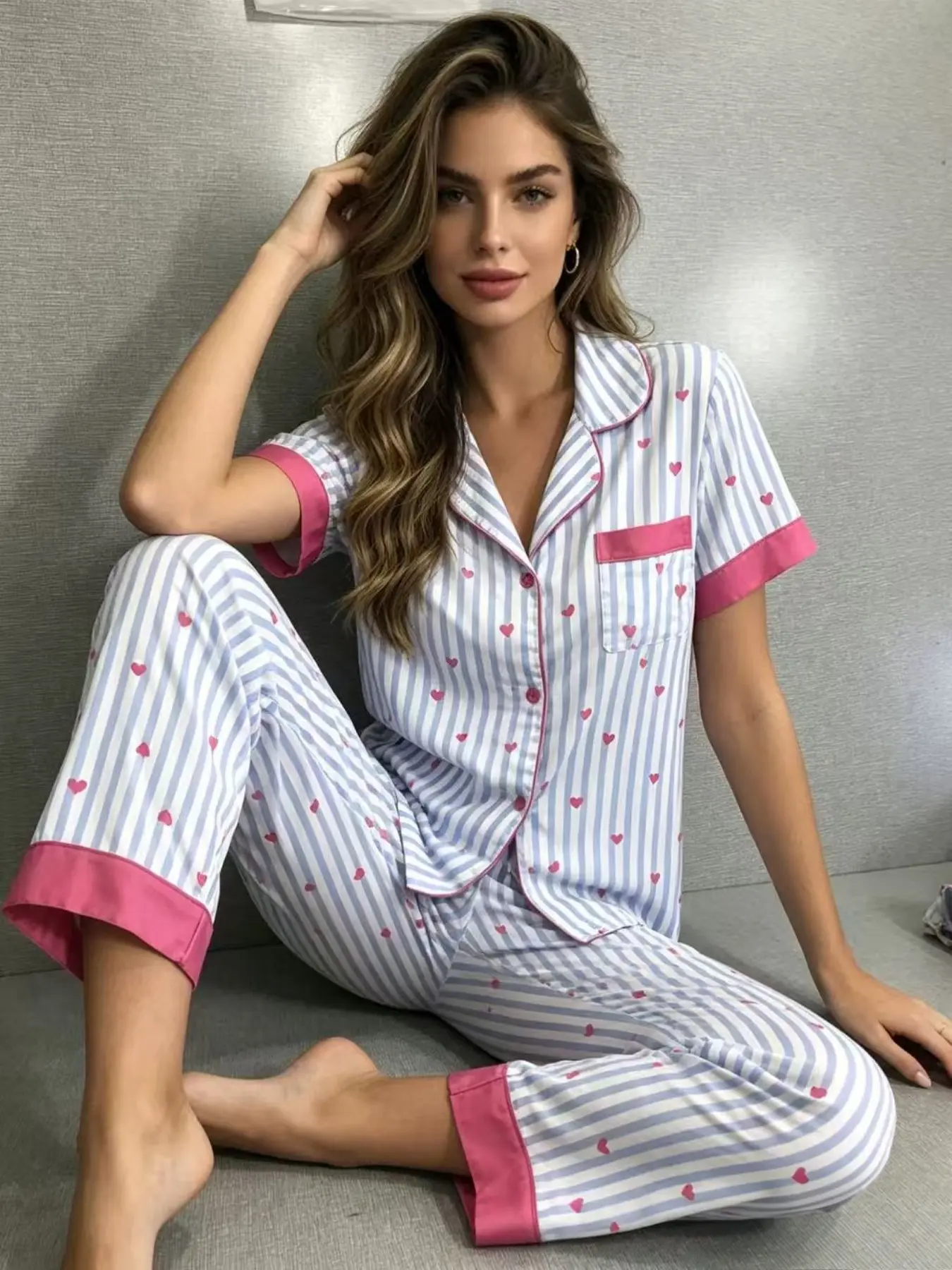Striped Heart Patchwork Cardigan and Pajama Set, Summer Clothing, Comfortable and Elegant Design, Women's Casual Lapel Short Sleeve and Long Pants