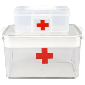 Home First Aid Box and Travel Medicine Storage Box, Plastic Medicine Kit Case Container Empty, Medical Box with Lock Lid & Handle, Emergency Supplies Organizer for Family and Traveling, Clear