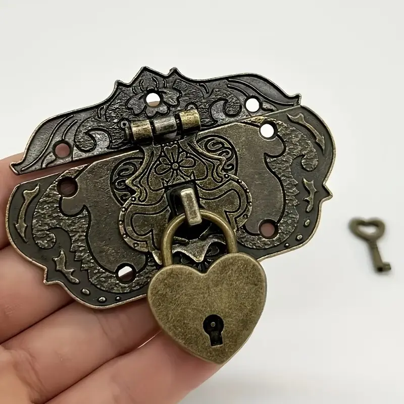 Vintage Zinc Alloy Bronze Lock with Key, Chinese Style Design for Jewelry Box, Suitcase, and Drawer, Bear and Heart Combination, Includes Screws