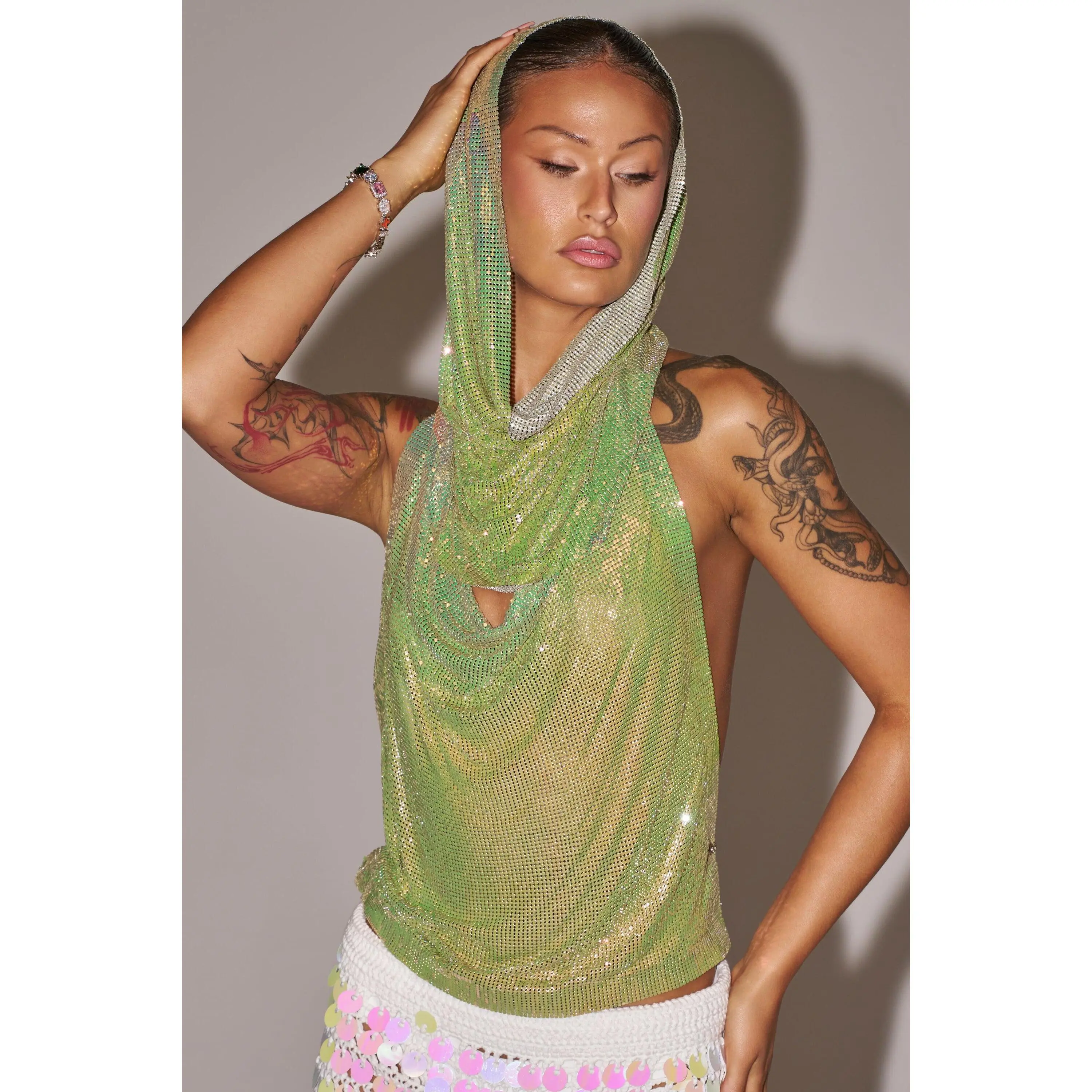 IN MY MIND HOODED CHAINMAIL TOP IN GREEN