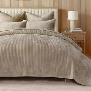 Velvet Quilt Set King Size, Luxurious Soft Quilted Bedding Sets, Lightweight Velvet Comforter for All Season, Striped Channel Bedspread Coverlet with 2 Shams, Urban Taupe