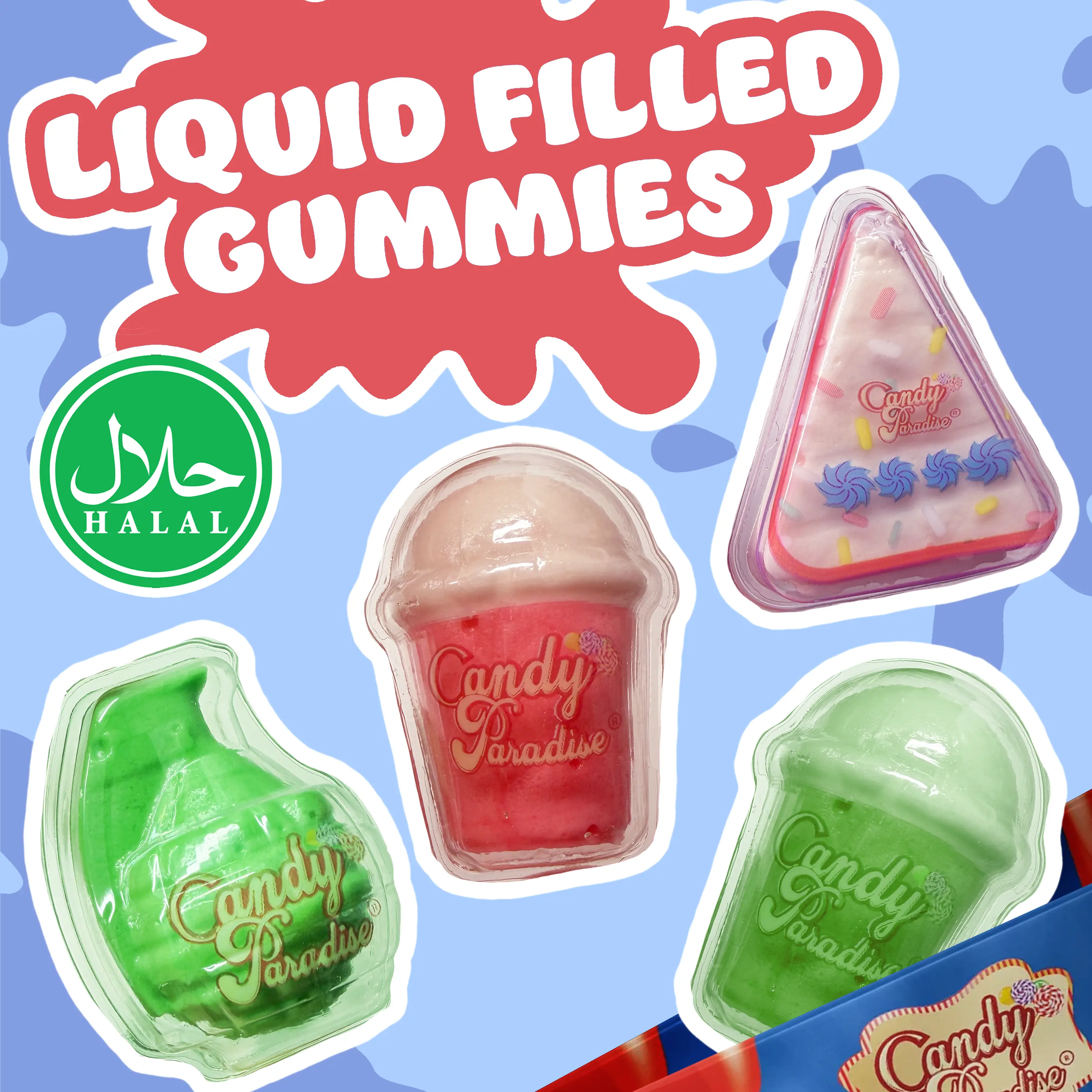 Halal Jumbo Liquid-Filled 4” Gummies – Cake Slice, Sour Burst, & Soda Cup Gummy Candy (4-Pack)
