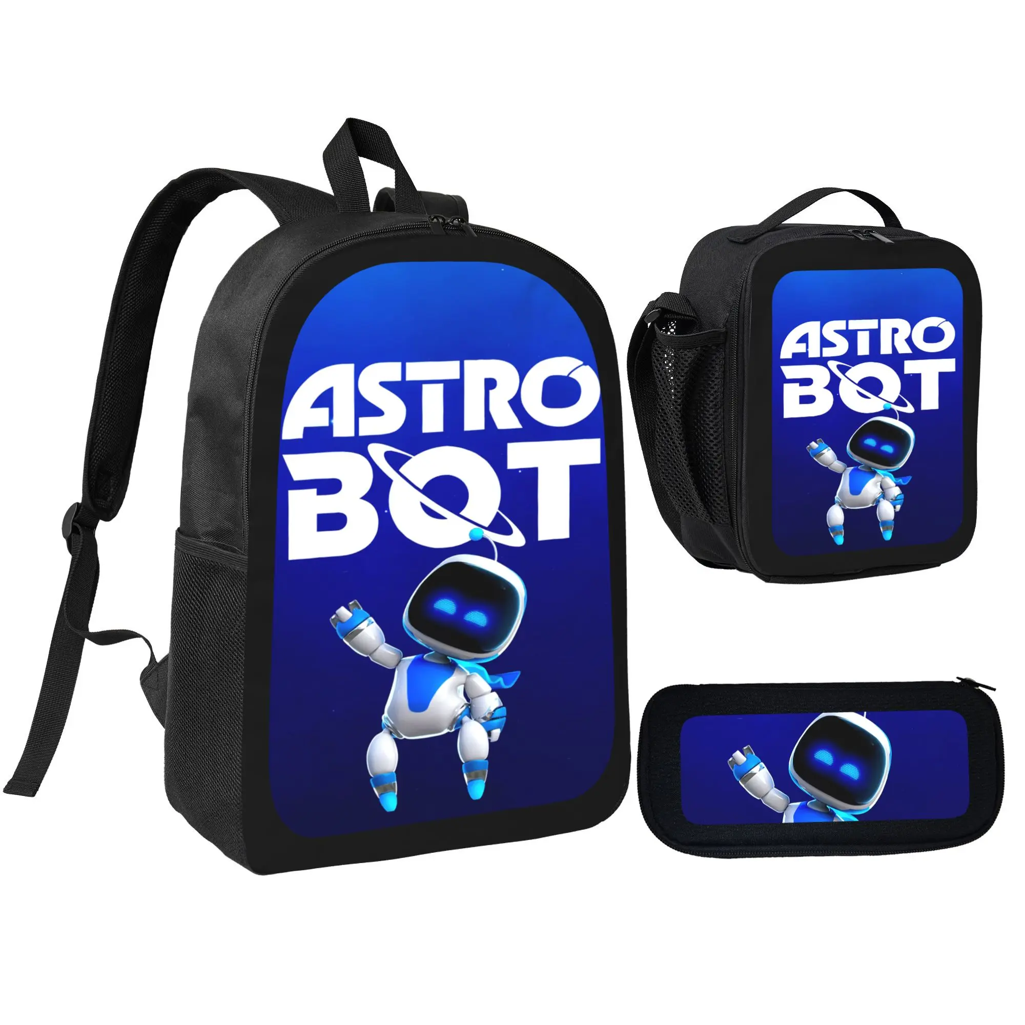 Unisex Synthetic Bot Cartoon 3-Piece Backpack Set - School Bag, Pencil Bag, Insulated Thermal Lunch Box, Polyester, Lightweight, Adjustable Shoulder Straps, High-Capacity, 15-Inch Laptop Compatible, Zip Closure, Casual, School & Travel Use, Hand Wash Only