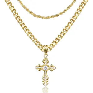 KISSYAN Layered Cross Necklace Faith Pendant for men and women, 14K Gold-Plated Delicate Cubic Zirconia Pendant Necklace, Fashionable Religious Jewelry Gift
