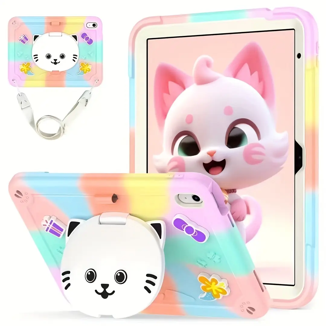 Shockproof Tablet Case for iPad 10th Generation 10.9-Inch (2022) with Tempered Glass Screen Protector, Cat Stand, Pencil Holder, Shoulder Strap, Colorful Tablet Cover & Accessories for Full Protection