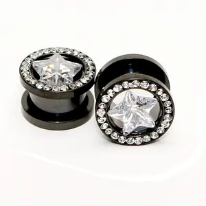 Pair of Black Ion Plated Screw-Fit Ear Plugs with Clear CZ Star Design