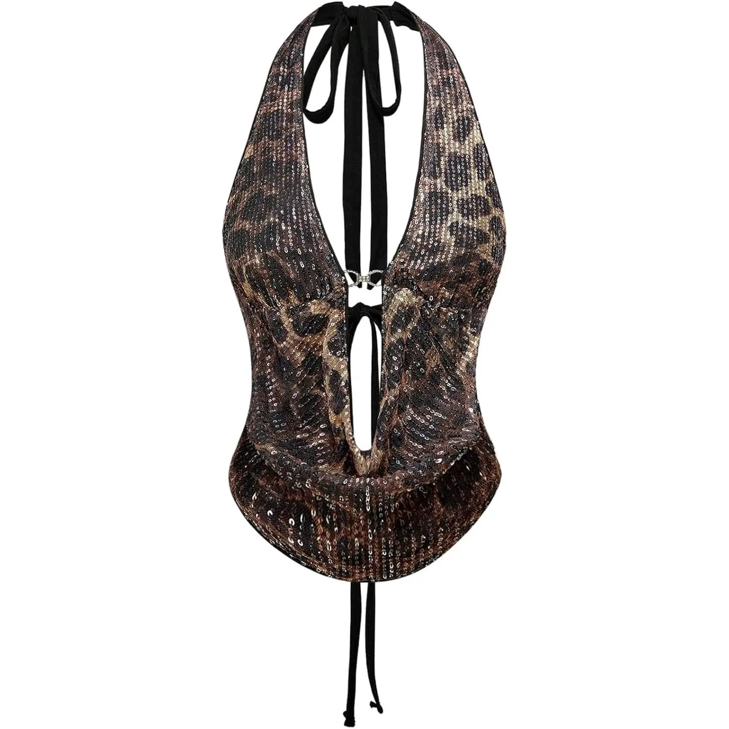 Women's Cheetah Print Sequin Top Y2K Tie Back Corset Halter Going Out Crop Tops