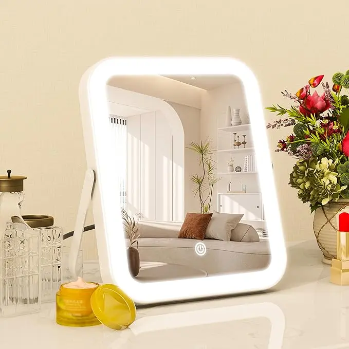 [New Deal] 8x10 Inch Lighted Vanity Mirror, 3-Color Dimmable LED Lighting & Touch Control, Portable Makeup Mirror with U-Bracket for Travel/Dressing Room (White) Decor, Modern, Aluminum