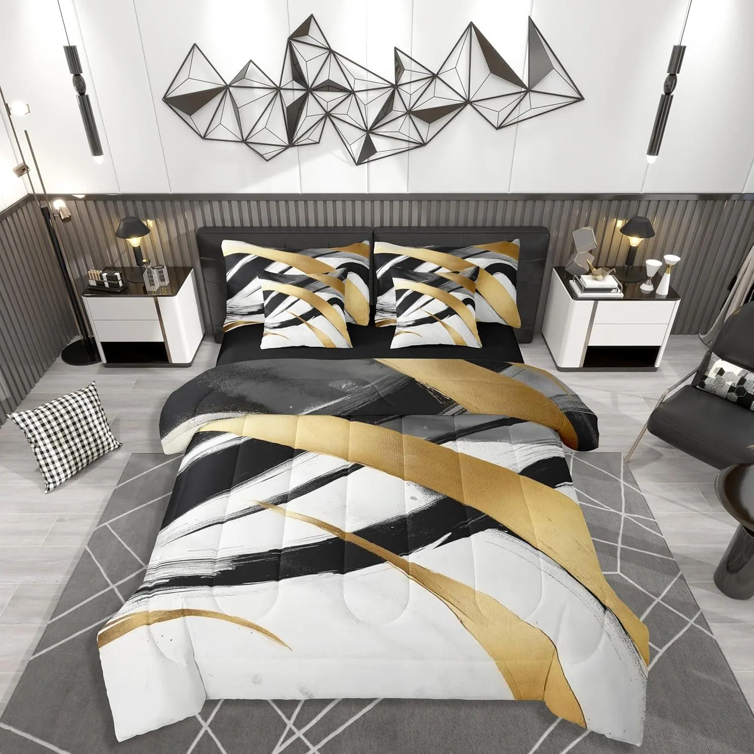 Black White Gold Comforter Set 7 Pieces Abstract Line Bedding Set Modern Geometric Bed in a Bag Soft Lightweight Microfiber Room Decor