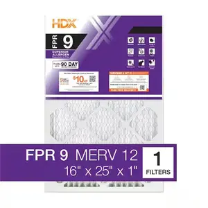 HDX Superior Pleated Furnace Air Filter FPR 9 MERV 12 16 in x 25 in x 1 in for Efficient Air Filtration