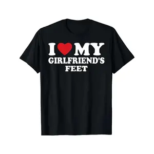 I Love My Girlfriend's Feet Funny Cotton T-Shirt - Black with Red Heart Graphic, Casual Loose Fit Crew Neck Tee, Streetwear Style Comfortable Unisex Top for Adults, Machine Washable Humorous Apparel Crewneck Knit