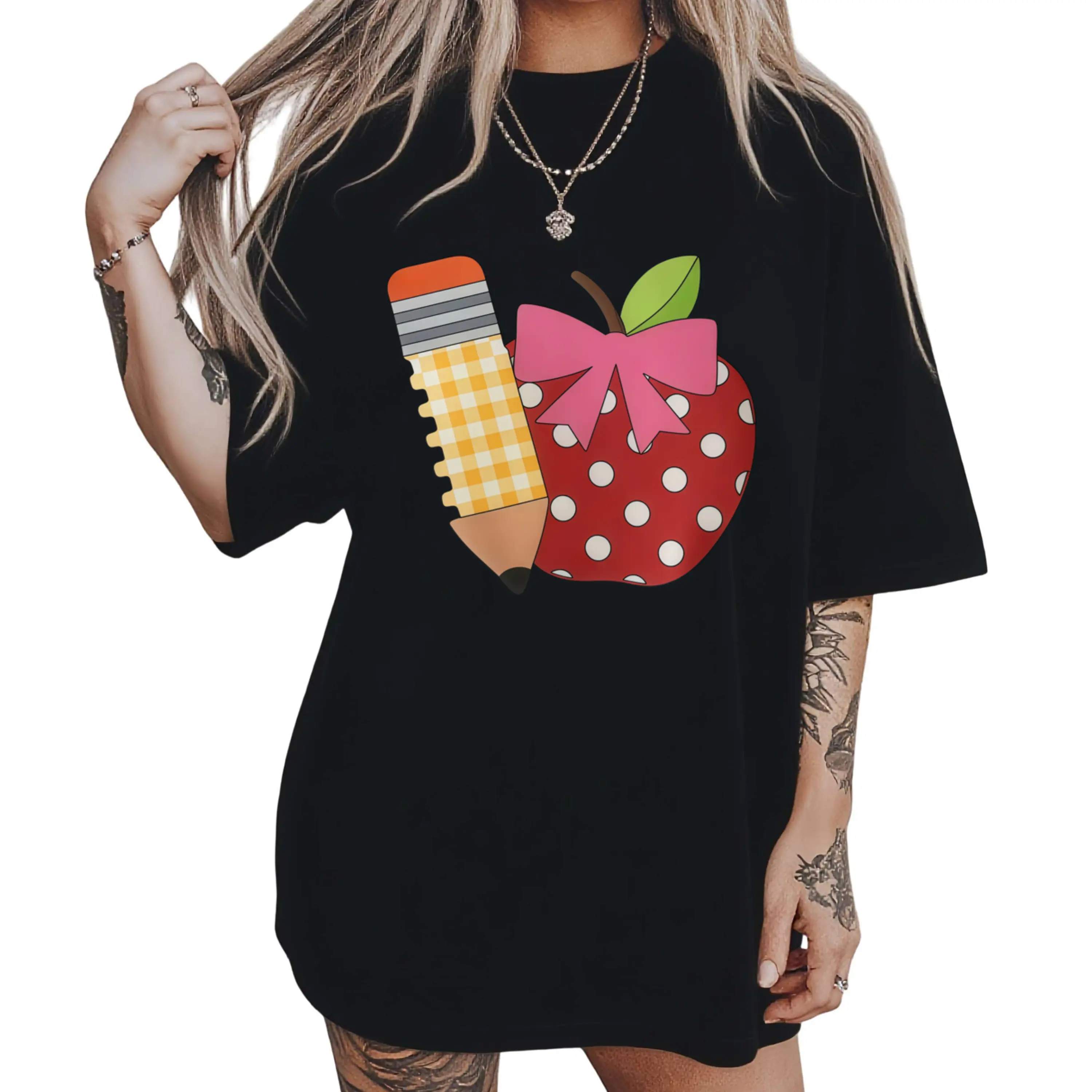 Preppy Teacher Shirt Women Apple Pencil Graphic Tee Pink Bow Top
