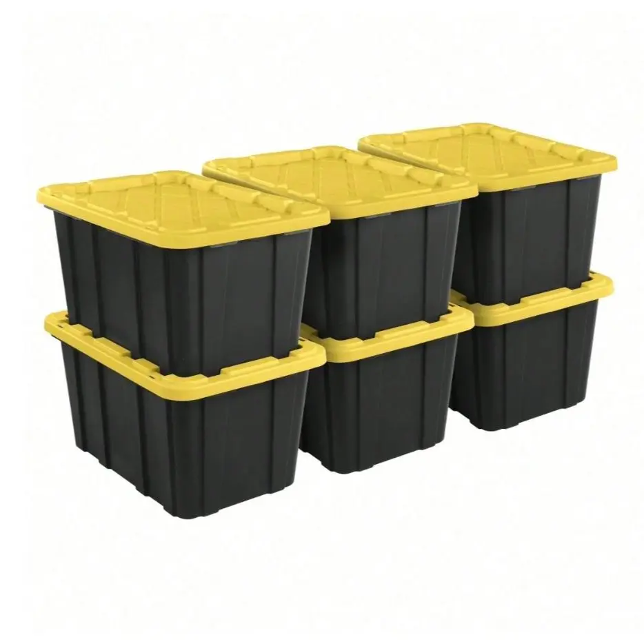 Heavy-Duty Rectangular Plastic Storage Boxes with Lids, 6-Pack 27 Gal Large Stackable Utility Totes for Garage, Home Organization, Black and Yellow (6 units included), Six Units