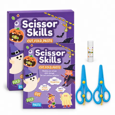 Halloween Scissor Skills Activity Kit for Kids Ages 3+, 25 Cutting, Folding & Pasting Activities, 3 Skill Levels, Activity Book with 2 Pairs of Scissors & Glue Stick