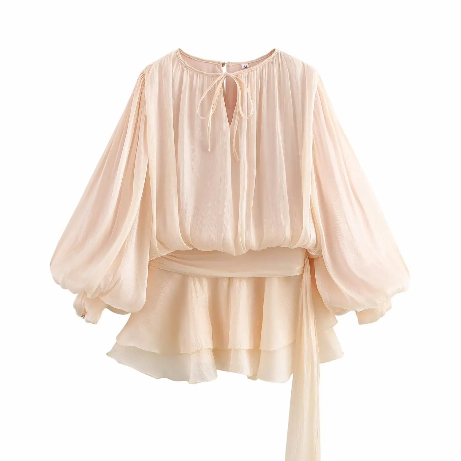 Round neck lantern sleeve lace up solid color dress for women